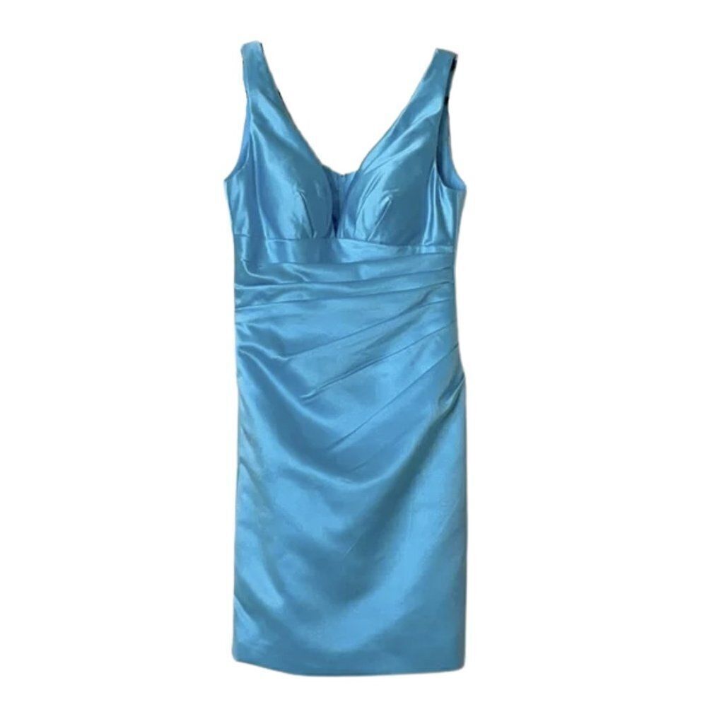 Azazie Blue Satin V Neck Draped Mini Dress Sz. 8